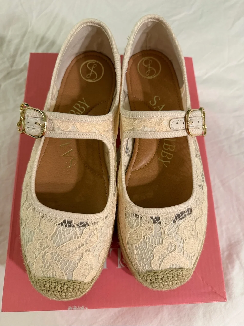 Sam & Libby Cream Lace Mary Jane Espadrille Flats with Gold Buckle